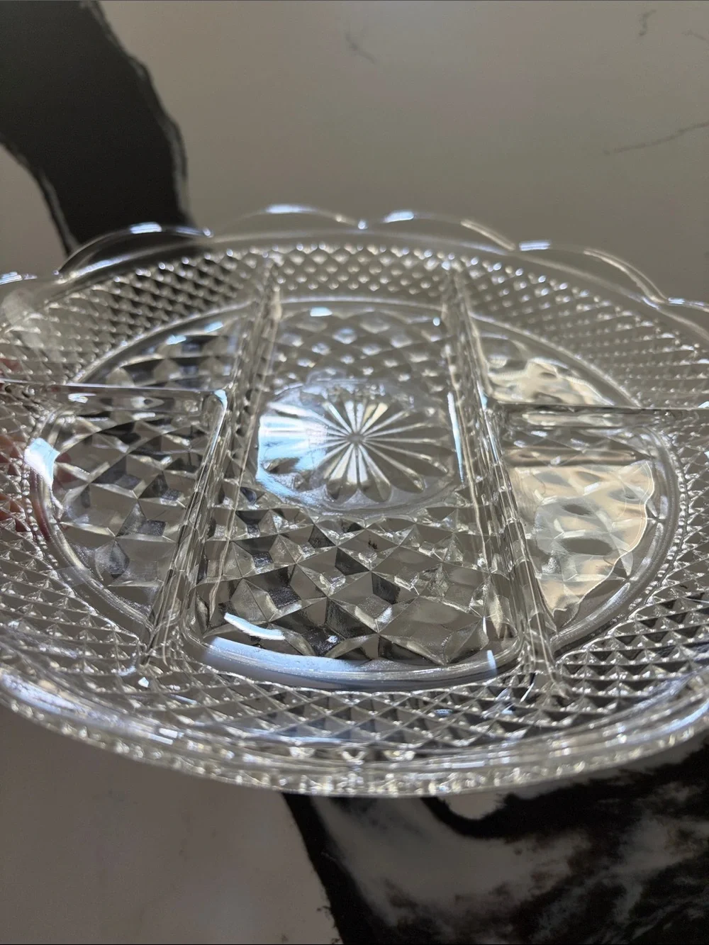 Clear Glass Divided Serving Platter - Elegant Scalloped Design